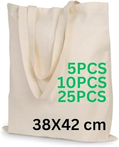 Enviroflex Bolsas de Asas Premium de Lona 100% Algodón, Bolsas de Compra Sostenibles, Ecológicas y Reutilizables con Asas Largas, 38x42 cm (Paquete de 10, Natural)