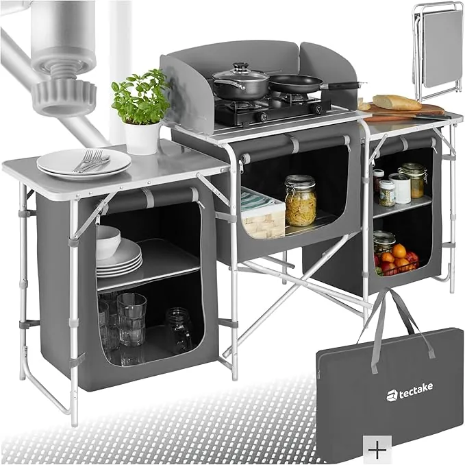 tectake® Cocina de Camping Plegable, Ligera, con Bolsa de Transporte, Accesorios de Cocina, Mesa Plegable, Armario, Mueble, Mesa de Camping, Estructura de Aluminio - Gris