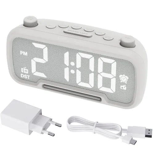 ROCAM Radio Reloj Despertador Digital con FM, Despertador para Dormitorios con luz Nocturna, Bluetooth 5.0, 5 Niveles de Brillo Ajustables, USB/Tipo C/DST/Snooze/batería de Respaldo