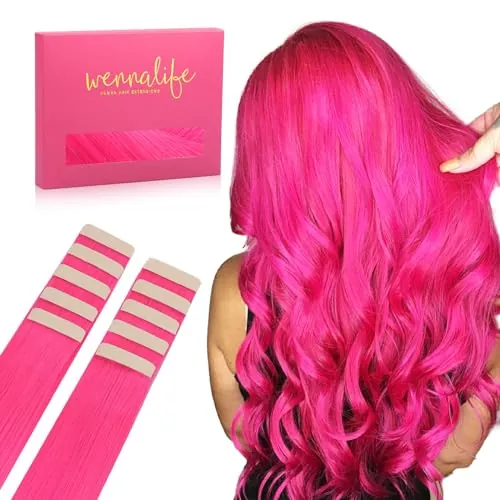 WENNALIFE Extensiones Adhesivas Pelo Natural, Rosa vivo 65cm 30g 10 Piezas Extensiones de Remy Pelo Natural Cabello Humano Mechas Pelo Lacio Invisible para Niñas Mujeres Trenzas