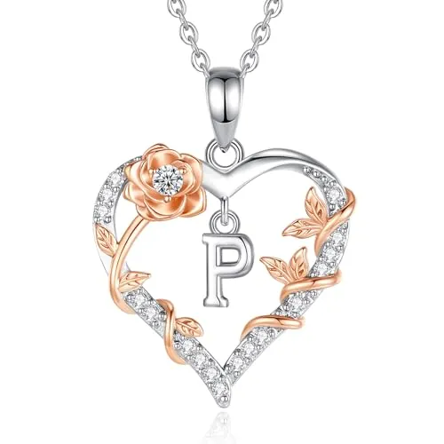 EUDORA Harmony Ball Collares con Iniciales Colgante de Corazon Iniciale Letra P para Mujer, Colgantes Letras Inicials P Rosas con Zirconia Cúbica Nombre 26 Monograma Joyería Regalos para Mujer,18"