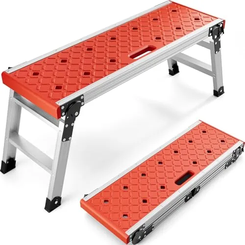 KINGRACK Plataforma de Trabajo Plegable de Aluminio, Escalón Taburete con Bloqueo de Seguridad y Pies Antideslizantes, Escalera de Mano para Hogar, Garaje y Taller, Soportar 150KG, Avance