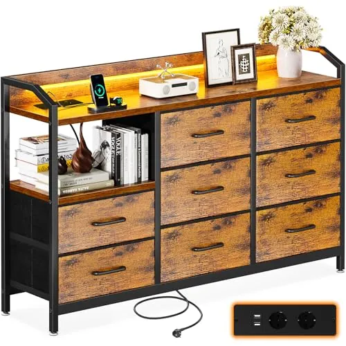 ODK Comoda Dormitorio, con LED, 2 enchufes y 2 USB, con 8 Cajones de Tela