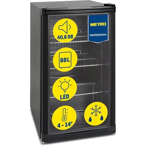 METRO Professional Mini Frigorífico GPC 1088, nevera pequeña con puerta de cristal, 88 L, negro, 1.052 kWh/24h, con estante ajustable para gastronomía, restaurant, tiendas