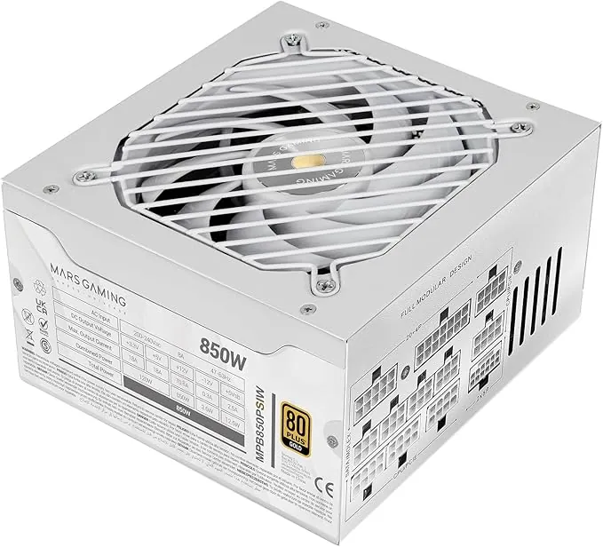 Mars Gaming MPB850PSI, Fuente Alimentación Full Modular ATX 850W, 10 Años Garantía, 80Plus Gold 90%, Ventilador SI 14cm, Tecnología AI2-RPM, DC-DC y SMD, ATX 3.1 y PCIe 5.1, Conector 12V 2x6, Blanco