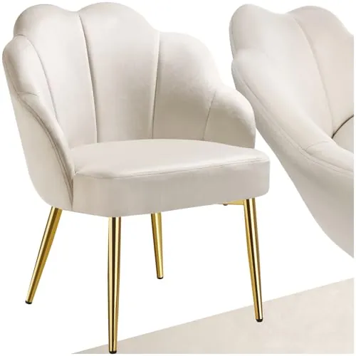tectake® Sillón de Cóctel, Acolchado con Tapizado de Terciopelo Suave | Respaldo Curvado en Forma de Concha, Patas Redondas de Acero Revestido en Polvo, 2 Pies Regulables en Altura, Crema/Oro