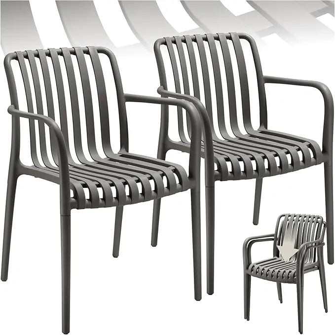 tectake® Sillas Terraza Exterior Apilables, Plástico Resistente, Antideslizante, Fácil de Montar, Muebles Resistentes, Sillas Jardin Exterior - Set de 2 con Reposabrazos Antracita
