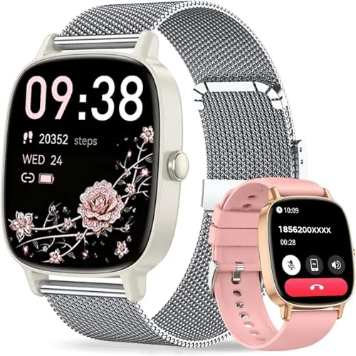 Reloj Inteligente Mujer,Respuesta/Realización Llamadas,Pantalla Ultra Nítida 1.85''HD,Monitor Fitness Tracker Frecuencia Cardíaca,Sueño/SpO2,Compatible IOS/Android,120+Modos Deportivos,IP68 y 2Correas