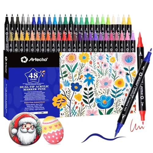 Artecho Lápices acrílicos de 48 colores, 0,5 – 5 mm, resistente al agua, doble punta (pincel y punta fina), con extremos dobles para pintura de roca, papel, madera, huevo, lienzo