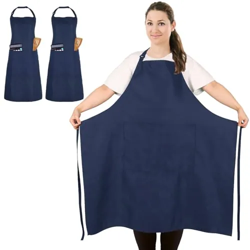 FunChaos 2 Pcs Grande Talla Delantales de Chef, Azul Delantal, Unisex Delantales con 2 Bolsillos para Cocinar, BBQ, Trabajo, Profesional Delantal para Camarero, Pintor (Grande Tamaño)