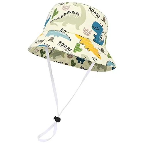 Jupsk Sombrero de Cubo para Niños, Sombrero de Verano para el Sol, Sombrero de Playa con Protección Solar, Sombrero de Aventura con Correa Ajustable, Patrón de Dinosaurio para 1 a 4 Años,Amarillo