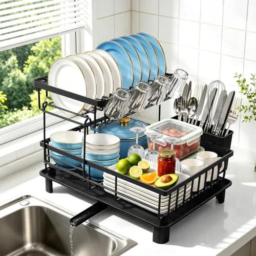 KitchenBoss Escurridor 2 Niveles 43 cm x 33 cm x 33 cm, Negro | Escurridor de Platos para la Encimera de la Cocina con Desagüe Giratorio