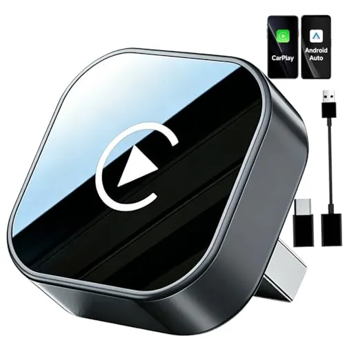 2 en 1 Adaptador CarPlay Inalámbrico, CarPlay Cableado a Inalámbrico, para Coches con CarPlay/Android Auto, para iPhone iOS 10+ & Android 11+, Compacto y Estable Bluetooth Car Play Wireless Adapter
