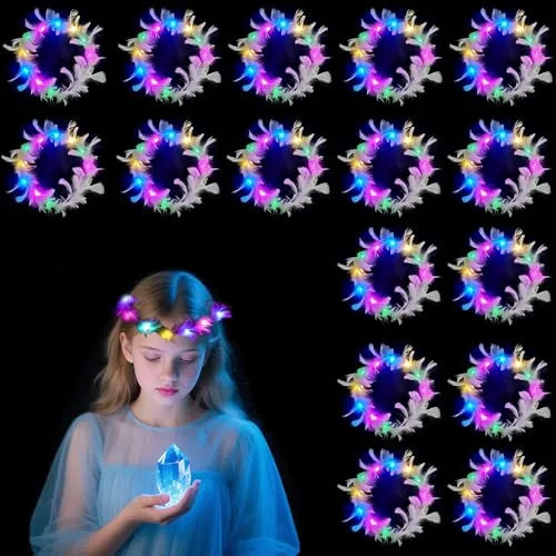 HIQE-FL Diademas de Luces LED,16 Piezas Diademas Luminosas con Plumas LED,Pluma LED Diadema Para Mujeres,Plumas De Diadema De Corona LED,Halloween,Navidad,Decoración de Fiestas