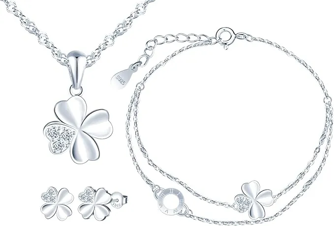 Conjunto joyas de 3 piezas, collar de plata trébol para mujer, pulsera de cadena trébol, y pendientes de trébol para niña, plata de ley 925 juegos de joyas para novia mamá hija fiesta