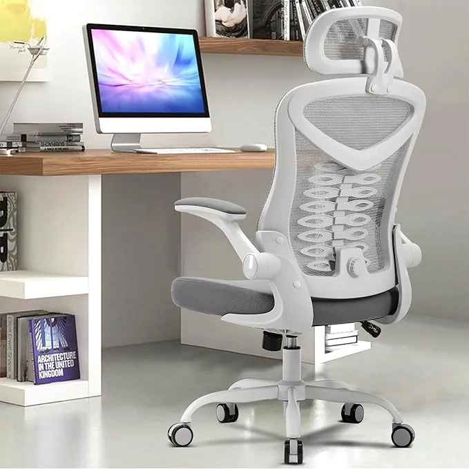 Magic Life Silla de Escritorio Sillas de Oficina Reposabrazos abatible de 90 ° Silla ergonómica para computadora Soporte Lumbar Altura Ajustable Giratoria de 360 ° Mecedora (Blanco)