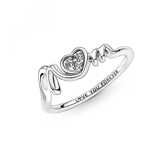 Pandora Moments Anillo con engaste pavé con diseño de corazón e inscripción «Mom» de plata de ley con circonitas cúbicas transparentes, talla 56