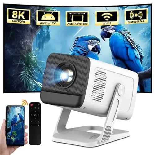 Proyector Portatil 4K-8K 2026, Proyector para movil Android 14 WiFi 6 y Bluetooth 5.4, Corrección Trapezoidal Hardware, Proyección 40–120’’, Cine en Casa y Gaming [Apps Integradas]