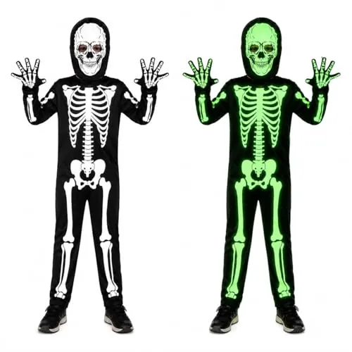 TK Gruppe Timo Klingler Disfraz de esqueleto de Halloween para niños y niñas con color fluorescente para un brillo espeluznante en la oscuridad