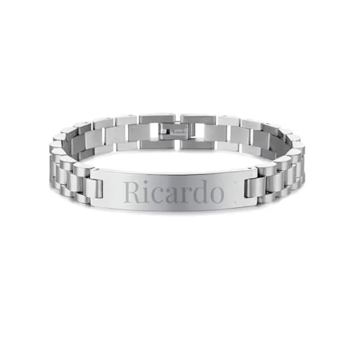 M&R Pulsera Personalizada Hombre/Mujer Acero Inoxidable - Grabado con Nombre o Fecha - Pulsera Elegante con Caja de Regalo (Plateado)