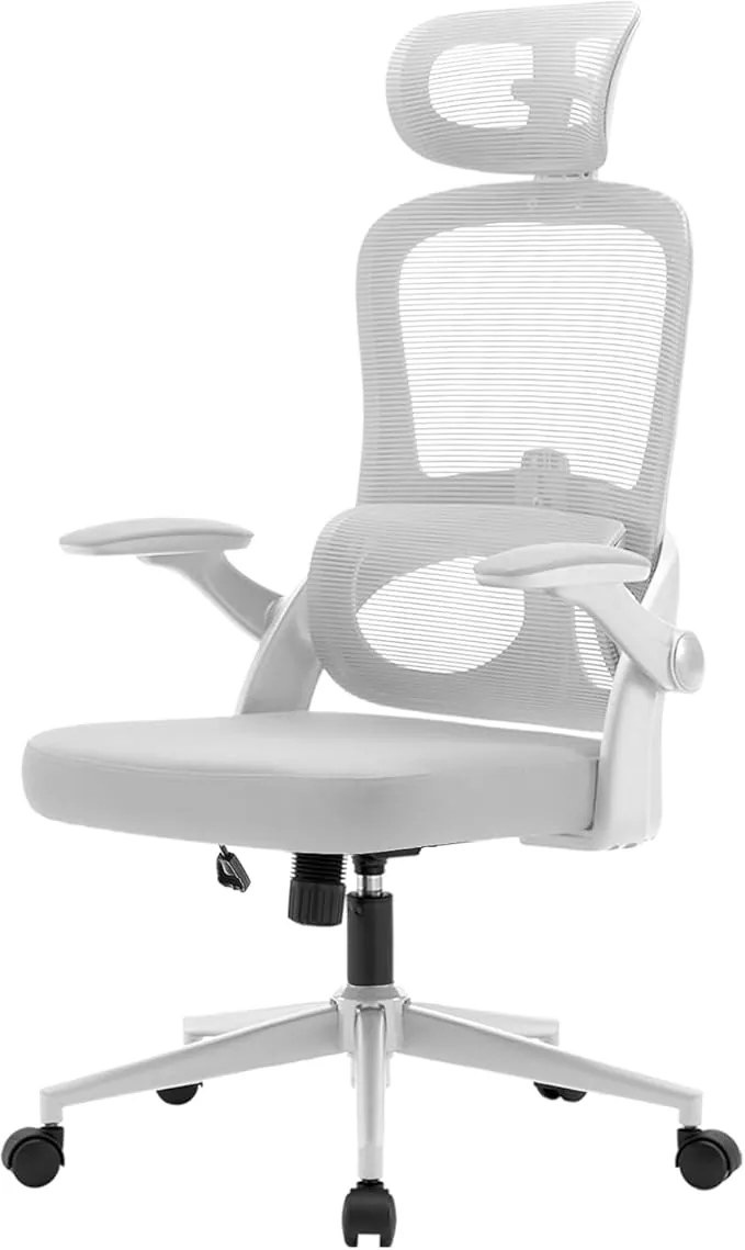 SIHOO M102C Silla de Oficina ergonómica de Malla, Oficina con Respaldo Alto con reposabrazos 3D, Soporte Lumbar hacia Arriba y hacia Abajo, Silla de Trabajo - Marco Blanco Malla Gris Claro