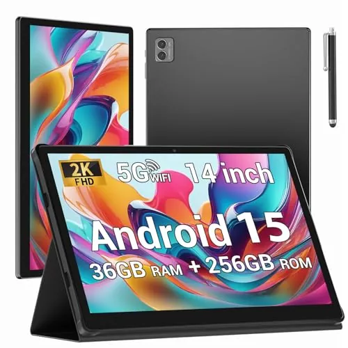 BEYNIVAN Tablet 14 Pulgadas Android 15 Tableta 5G WiFi,11580mAh y 20W,36GB RAM+256GB ROM/2000 * 1200 incell FHD/Face ID/GPS/BT 5.0/TÜV/USB-C,Tablet con Lapiz,Negro
