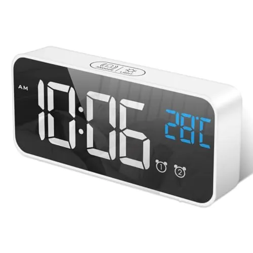 HOMVILLA Reloj Despertador Digital con Pantalla LED de Temperatura, Alarma de Espejo Portátil con Alarma Doble Tiempo de Repetición 4 Niveles de Brillo Regulable 10 Música Despertadores Digitales