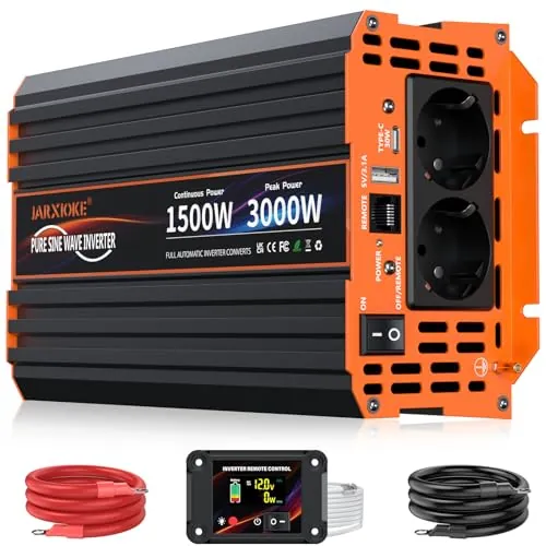 Inversor 12V 220V-230V Onda Pura 1500w Convertidor DC AC Transformador de Voltaje con Mando a Distancia & 2 Tomas de AC & Puerto USB para Coche Camion RV