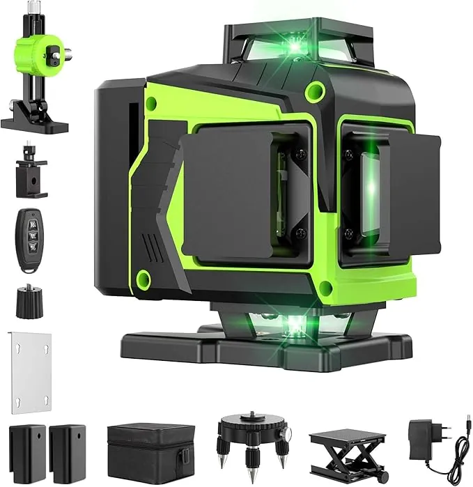 Nivel Laser Autonivelante 360 Grados, Nivel Láser Verde 16 Líneas, 2 x 360 Horizontal y 2 x 360 Verticales, 2 x Batería, Montaje en Pared, Control Remoto, Base Magnética, Soporte Giratorio