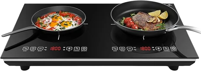VBGK 3600W Placa Inducción 2 Fuegos,Placa Vitrocerámica Electrica 3500W, Placa Cocina 2 Fogones, 8 Niveles, Controles Táctiles, Bloqueo de Seguridad, Temporizador de 3 Horas, Fácil Limpieza