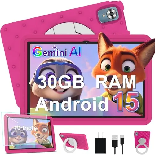 DMOAO Kinder Tablet 10 Zoll Android 15 mit 30GB RAM + 64GB ROM(2TB), 5G WLAN 6, Widevine L1, Elterliche Kontrolle, 8-Core, 6000 mAh, Kids Tablet mit Kinder Hülle Eva + 360° Drehbarer Ständer, Rosa