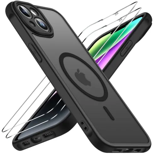 ivoler Funda Magnética para iPhone 14 con 2 Piezas Cristal Templado, Compatible con MagSafe, [Protección Militar] Protectora Antiarañazos Translúcida Mate Silicona Case, Negro