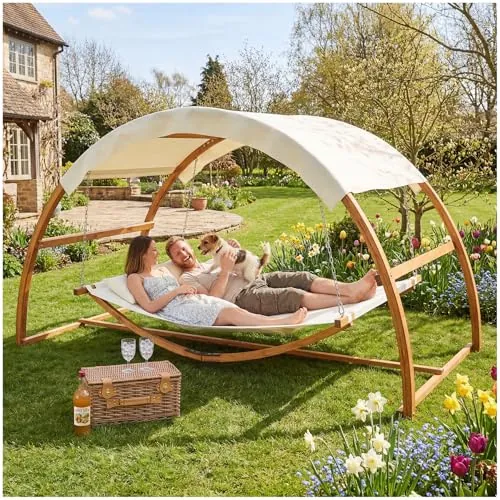 tectake® Hamaca Colgante para 2 Personas, Estructura de Madera Resistente con Techo, 2 Cojines Incluidos, Ideal para Jardín Terraza o Camping, 250 kg de Carga - 328 x 160 x 172 cm