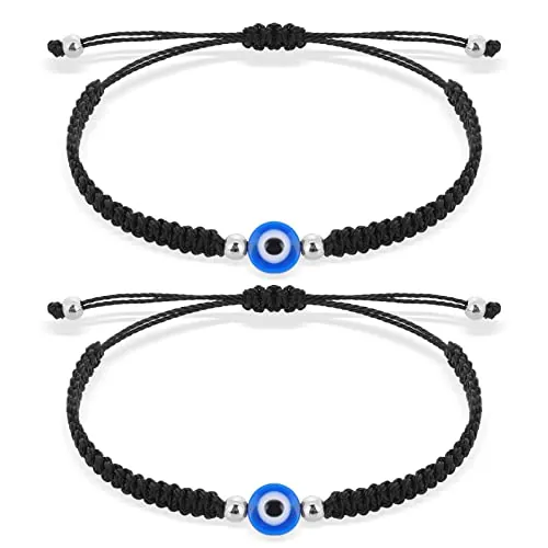 Yolev 2 Piezas Pulsera Evil Eye Pulsera Trenzada a Mano Ajustable Pulsera de Protección Kabbalah Negra para Hombres y Mujeres