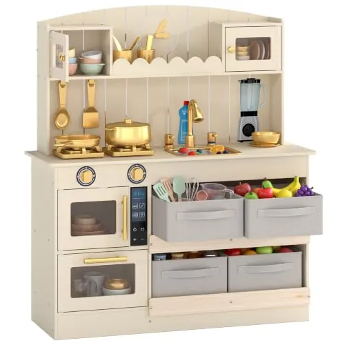 AIYAPLAY Cocina de Juguete de Madera Luces y Sonidos 4 Cestas de Tela Crema | Cocinita Infantil, 12 Accesorios, 2 Fogones, Microondas, Fregadero, Grifo, 3-6 Años