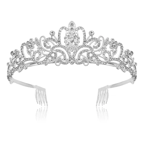 Questran Brillante Tiara, Coronas de Cristal Plateado, Corona de Princesa para Damas, Elegante Accesorios Damas, para Corona Nupcial, Proms de Boda, Desfiles Princesas, Fiesta de Cumpleaños (Plata)