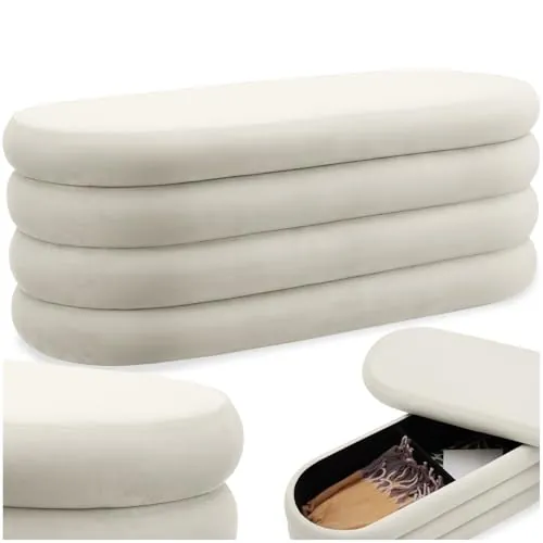 tectake® Banco con Almacenaje, 2 Espacios Almacenamiento, 110 x 45 x 42 cm, Carga Máx: 150 kg, Puff Salon, Decoracion Habitacion, Puff Almacenaje, Reposapies Salon - Blanco/Crema