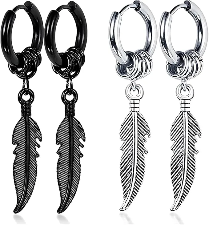 Pendientes Negros Largos para Hombre, Pendientes de Plumas Punk Rock, 2 Pares de Cadena con Plumas - Estilo Rock, Hippie y Gótico - Acero Inoxidable Hipoalergénico