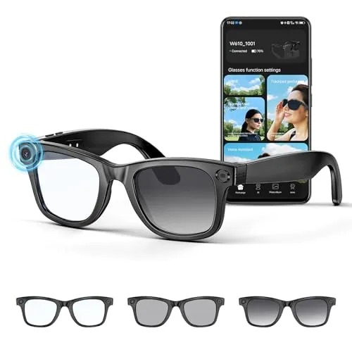 Gafas Inteligentes con Camara 8MP, Gafas con IA Bluetooth/WiFi, Smart Glasses con Fotografía/Grabación/Llamadas/Música/Traducción/Reconocimient Imágenes, Lentes fotocromáticas + lentes azules