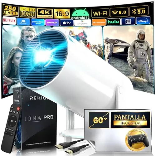 REKION® [Apps INTEGRADAS] Proyector Portatil HY.300 4K + Pantalla 60 Pulgadas | HDMI Incluido | 1080P Full HD 250 ANSI 9000 Lúmenes | WiFi 6 Bluetooth 5.0 | Android 13 | 180°Rotable