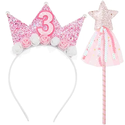 DRESHOW Diadema de Cumpleaños y Varitas de estrella Corona de Cumpleaños para Niñas con Flores Rosas Corona de Cumpleaños Rosa