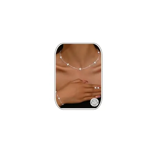 LOLIAS Collar Plata Ley 925 para Mujer Pendientes Tachuelas Conjunto Pulsera Oro Gargantilla Ajustable Collar Cadena de Eslabones Linda Circonita Cúbica, Delicado Conjunto Joyas para Novias Boda