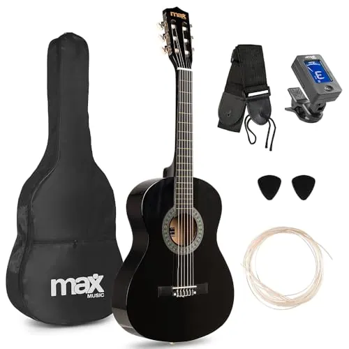 MAX SoloArt Junior - Guitarra clásica española color negro 3/4 nylon extra