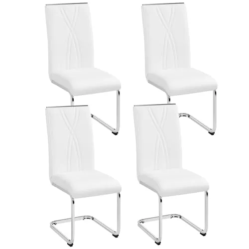 Yaheetech Juego de 4 Sillas de Comedor Cocina Moderna Piel Sintética Blanca | Conjunto de 4 Sillas de Cocina, Sillón Tapizado de Piel Sintética, Pata de Metal, Silla Modernas, Asinto Tapizado