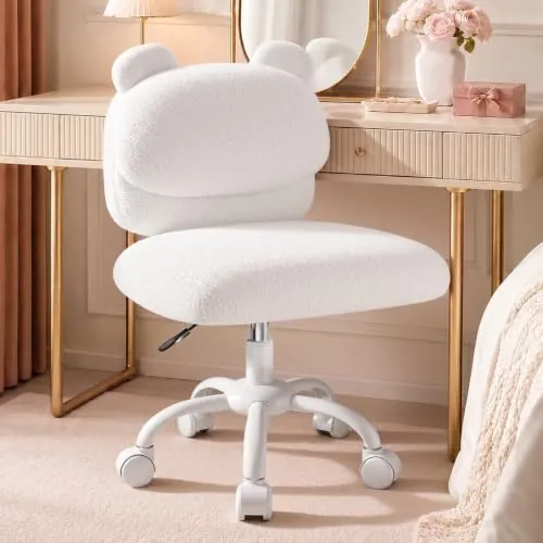 Marsail Silla Tocador de Tejido Teddy, Silla Oficina sin Brazos, Blanca | Sin brazos, respaldo de oso, asiento amplio, ruedas suaves, altura ajustable, cómoda para dormitorio y oficina en casa