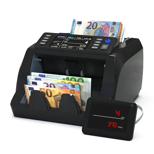Detectalia V20 Contadora de Billetes con Detección UV/MG/IR/MT/CIS, Pantalla Táctil 4.5” + Pantalla Externa, Lectura de Serie, Conteo Mixto Multidivisa (EUR/GBP/CHF/USD/SEK/PLN/TRY/DKK), 1200/min