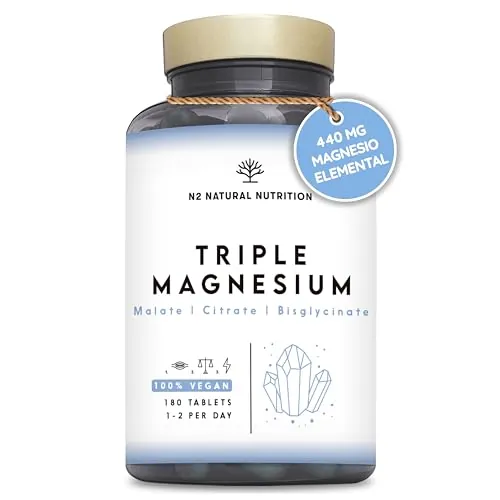 Glicinato de Magnesio Triple 3 en 1 (6 Meses) 2640 mg Magnesio, Complejo Sinérgico con Malato, Citrato, Bisglicinato para Sueño, Energía, Músculos y Huesos. 180 Tabletas. N2 Nutrición Natural