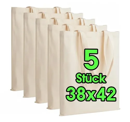 ELES VIDA - Bolsa de algodón (38 x 42 cm, no impresa, dos asas largas con certificado OEKO-TEX – Tela, transporte, compras, yute – Para pintar, Naturaleza | 5 Piezas, 38x42
