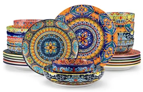 Juego de Vajilla para 6 Personas Cerámica, vancasso KRVI 24 Piezas Vajilla Moderna de Porcelana, Servicio de Mesa Estilo Bohémio, Juego de Platos y Cuencos, Servicio Combinado de Colores
