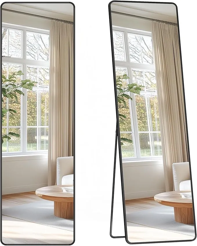 SONGMICS Espejo de Cuerpo Entero, 150 x 40 cm, Espejo Rectangular con Soporte, con Marco de Aleación de Aluminio, Cristal Templado, para Dormitorio, Salón, Vestuario, Negro Tinta LFM034B01